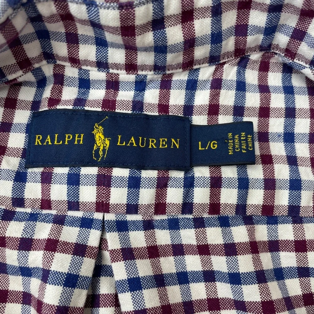Ralph Lauren Mens Gingham Button Down Shirt Large Navy Blue Burgundy Cotton‎ L/G